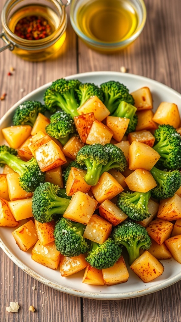 Crispy air fryer broccoli and potatoes garnished with Parmesan cheese on a rustic table.